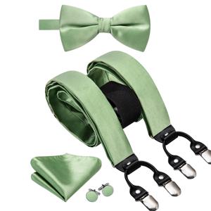 하이-넥타이 세이지 그린 솔리드 실크 남성 서스펜더 Bowtie Hanky ​​커프스 단추 남성 웨딩 비즈니스를위한 중괄호에 조절 가능한 클립 도매