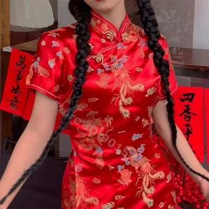 여성용 특대 레드 드래곤 미니 치파오, 빈티지 만다린 칼라, 중국 스타일 드레스, 4XL, 5XL, 6XL