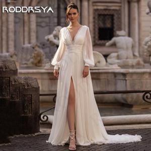 RODDRSYA 빈티지 시폰 웨딩 드레스, 긴 퍼프 소매, 보호 V넥 비즈, 신부 원피스 스플릿 베스티도, 노비아 바디 빈티지 포크 쉬폰 웨딩 드레스 롱 퍼피 슬리브  보헤미안 브이넥 비즈 스플릿 브라이덜 가운