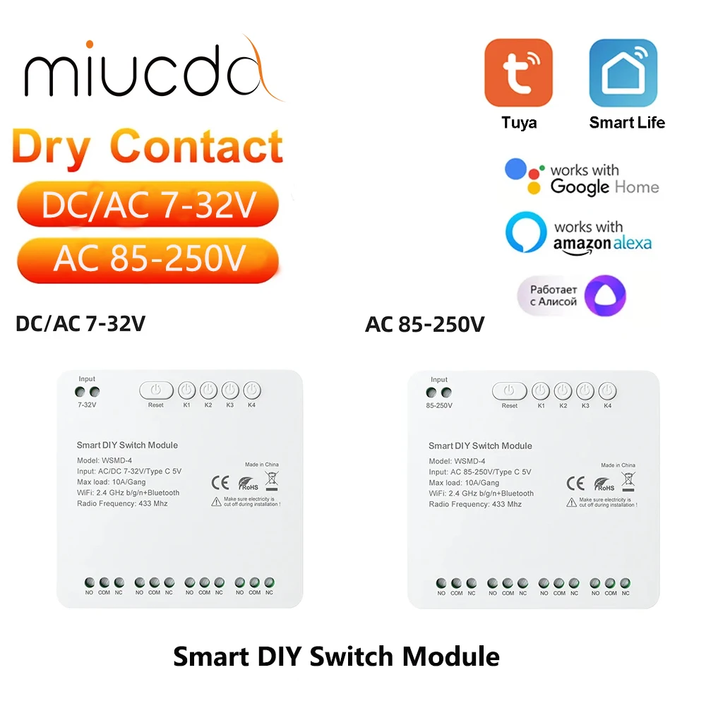 MIUCDA Tuya Smart 4 채널 건식 접촉 스위치 모듈 7-32V/85-250V는 Alexa Google 홈과 호환 가능