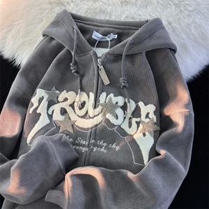 가을 남성 고스 코듀로이 지퍼 업 후드 힙합 패션 폼 프린트 자켓 여성 Y2K 빈티지 streetwear Hoody 스웨터