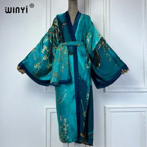 WINYI 기모노 여성 여름 패션 프린트 긴 소매 카디건 여성 느슨한 abaya 캐주얼 비치 커버 스카프와 boho 드레스