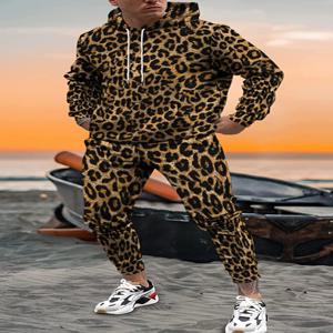 3D Leopard Print 남성용 까마귀 바지 2 피스 의상 가을/겨울 남성용/여성용 후드 티셔츠 세트 대형 트랙 슈트 정장