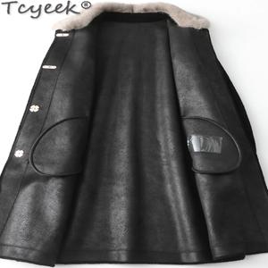 Tcyek 100% 울 코트, 그레인 양 시어링 코트, 여성용 겨울 재킷, 리얼 밍크 모피 칼라, 중간 길이