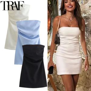 TRAF 드레스 여성 오프 숄더 코르셋 짧은 드레스 Ruched Backless 블루 블랙 화이트 드레스 여성 섹시한 Bodycon 파티 드레스