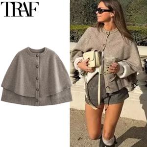 TRAF Womens Cardigan Outerwears Cape Cropped 니트 카디건 여성 가을 ​​짧은 스웨터 유니폼 우아한 버튼 자켓 니트웨어
