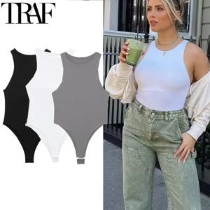 TRAF 여성용 바디 민소매 흰색 바디 슈트 여름 홀터넥 넥 블랙 Romper 스타킹 여성 짧은 Playsuit 란제리 가죽 끈 여성