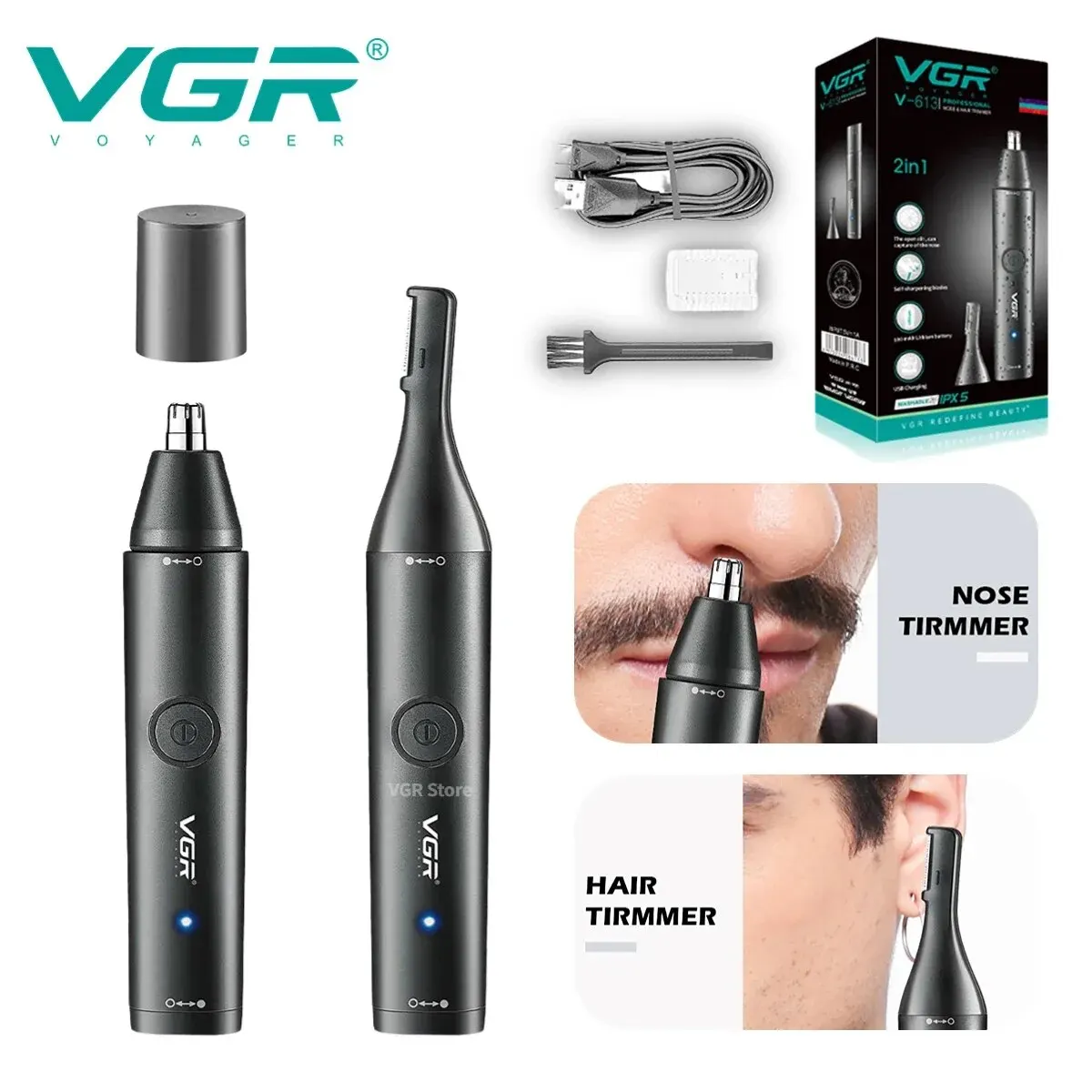 VGR 코 헤어 트리머, 전문 미니 헤어 트리머, 전기 코 트리머, 충전식 방수 V 613, 2 in 1