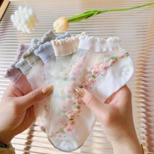 통기성 짧은 양말 일본 귀여운 작은 신선한 기능 짧은 꽃 유리 실크 여성 양말 봄 여름 얇은 크리스탈 보트 양말