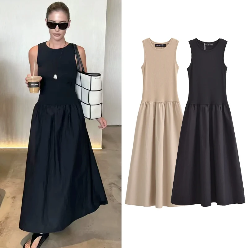 TRAF 여성 블랙 롱 드레스 2025 봄 민소매 우아한 드레스 패션 캐주얼 빈티지 파티 카키 드레스 Vestidos