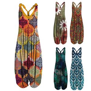 빈티지 여성 여름 Playsuit Romper 점프 슈트 숙녀 민소매 캐주얼 꽃 프린트 우아한 하이 웨이스트 점프 슈트 Комбинезоны