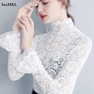 섹시한 투명 긴 소매 탑 여성 2025 패션 가을 겨울 기본 레이스 블라우스 화이트 블랙 할로우 Blusas Mujer Oversize