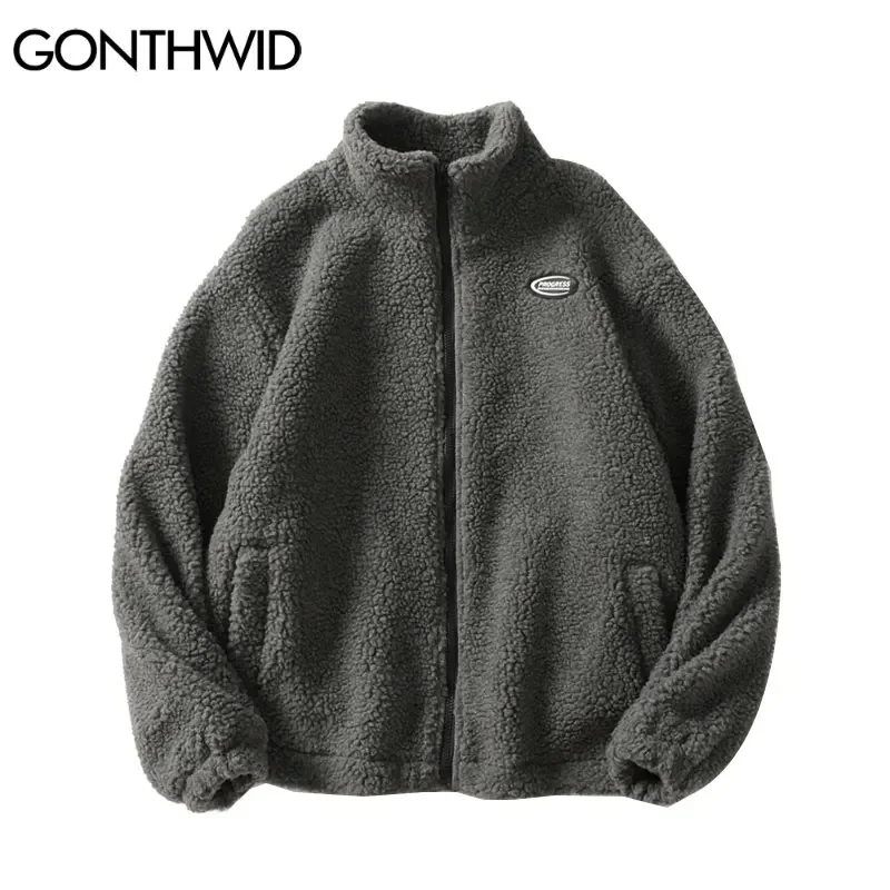 GONTHWID 하라주쿠 streetwear 플리스 자켓 솔리드 컬러 캐주얼 루즈 풀 지퍼 코트 힙합 겨울 패션 루즈 웜 탑