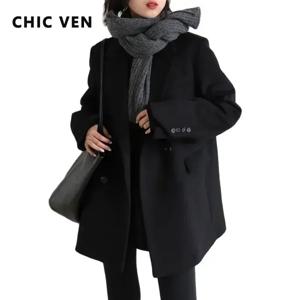 CHIC VEN 여성 울 블렌드 코트 솔리드 미드 롱 모직 블레이저 두꺼운 따뜻한 블라우스 여성 오버코트 Office Lady Tops 가을 겨울