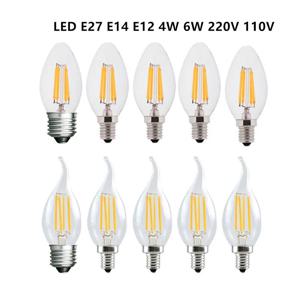 10PCS LED 필라멘트 전구 E14 E27 E12 C35 C35L 220V 110 4W 6W 따뜻한 흰색 디밍이 가능한 유리 360 학위 에디슨 레트로 촛불 라이트 Blubs