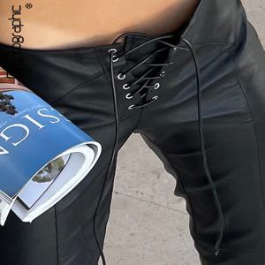 암호화 패션 PU 인조 가죽 여성을위한 고층 스키니 스트레이트 바지 streetwear 하단 클럽 파티 고스 바지 바지