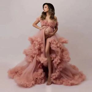 사진 촬영을위한 핑크 Tulle 출산 공 가운 섹시한 베이비 샤워 임신 한 여자 드레스 긴 여성 임신 사진 의류