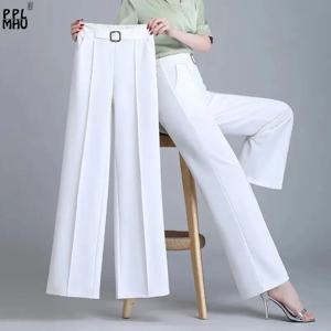 카키 하이 웨스트 아이스 실크 와이드 레그 Pantalones 2023 여름 디자인 엄마의 스트레이트 바지 우아한 탄성 허리 헐렁한 바지 여성