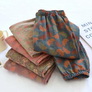 2025 새로운 봄 여름 여성 잠옷 100% 코튼 크레페 바지 여성의 편안한 느슨한 대형 잎 홈 바지 얇은 바닥