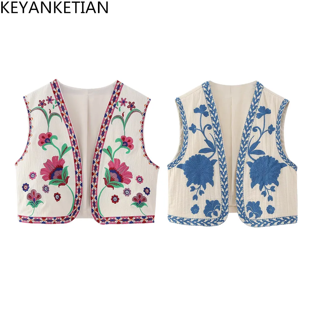 KEYANKETIAN 여성 빈티지 꽃 수 놓은 오픈 허리 코트 숙녀 국립 스타일 조끼 자켓 복장 캐주얼 휴가 자르기 탑