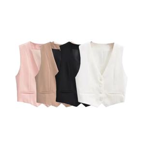TRZA 여성 패션 프론트 버튼 자른 양복 조끼 빈티지 V 넥 민소매 여성 겉옷 Chic Tops