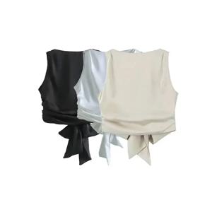 TRZA 여성 섹시한 패션 묶인 새틴 백 오픈 자르기 블라우스 O 넥 민소매 여성 셔츠 Blusas Chic Tops