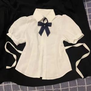 여성용 일본 달콤한 라펠 넥 화이트 셔츠, 그런지 슬림핏 JK 블라우스, Y2k E-Girl 반팔 레이스 업 블라우스, 여름
