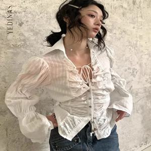예디나스 페어리코어 스타일 블라우스, 플레어 슬리브, 레이스업 싱글 브레스티드 나비 매듭 셔츠, 여성 상의, 시크 Y2k, 2023 가을