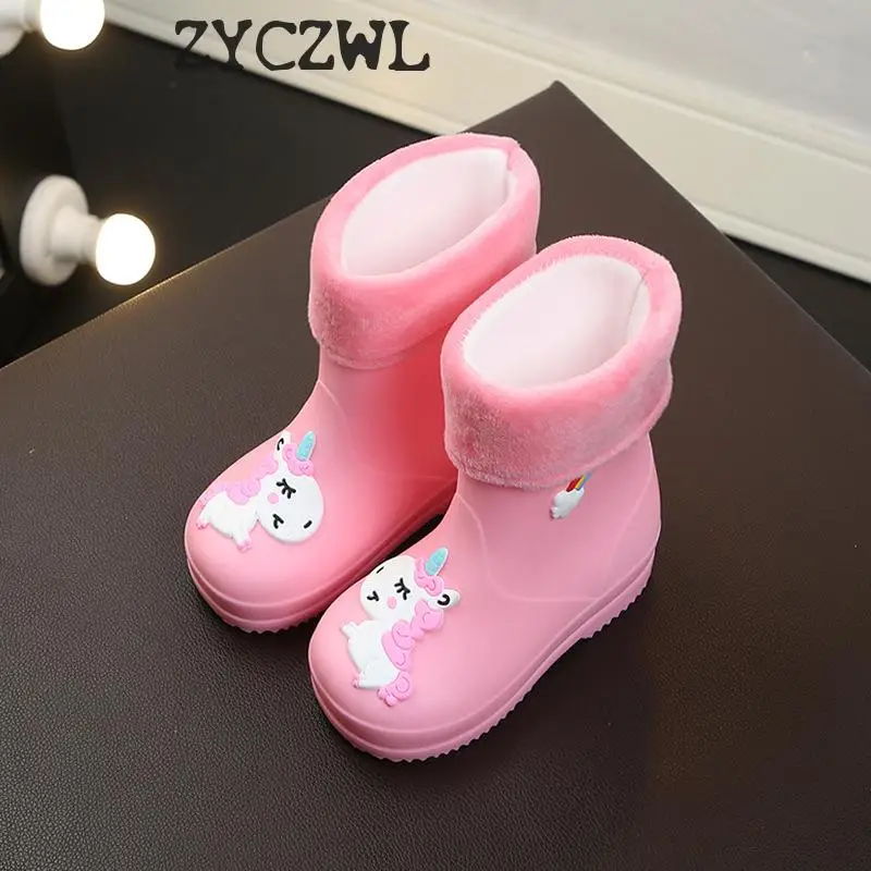 여자를위한 새로운 어린이 장화 고무 Rainboot 소년 아기 소녀 PVC 따뜻한 어린이 방수 신발 Modis 만화 유니콘 이동식