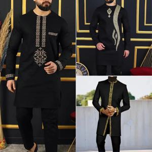 남성 Dashiki 새로운 2 피스 전체 바지 세트 아프리카 전통 복장 긴 소매 남성 럭셔리 의류 Kaftan 우아한 브랜드 정장