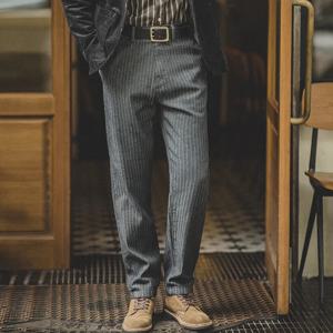 Maden Retro 12.8oz 그레이 스트라이프 청바지 스트레이트 핏 지퍼 플라이 포켓 포함 남성용 봄 및 가을용 다용도 헤링본 바지