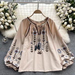 Litmage 여성용 용수철 가을 블라우스, 에스닉 스타일 레트로 문학, 느슨한 자수 코튼 린넨 풀오버 셔츠, 캐주얼 탑 D3549