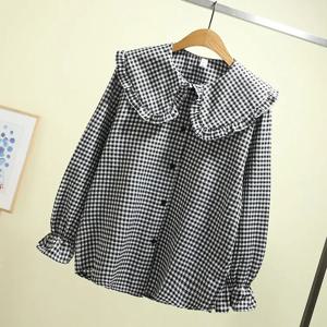 여성 블라우스 봄 블랙 화이트 격자 무늬 긴 소매 루즈 피팅 셔츠 코트 탑 Blusas Ropa De Mujer