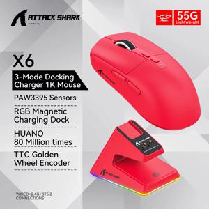 Attack Shark X6 블루투스 마우스, 트라이 모드 연결, RGB 터치 마그네틱 충전 베이스, 매크로 게이밍 마우스, PAW3395