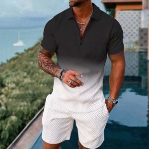 솔리드 컬러 그라디언트 인쇄 남자 Sweatsuit 세트 여름 캐주얼 지퍼 폴로 셔츠와 반바지 2pcs 세트 트렌드 남자 풀오버 의류