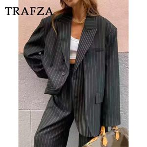 TRAFZA 2025 봄 여름 오피스 레이디 블레이저 패션 세련된 캐주얼 솔리드 싱글 브레스트 우아한 오버 사이즈 어깨 걸이 여성 블레이저