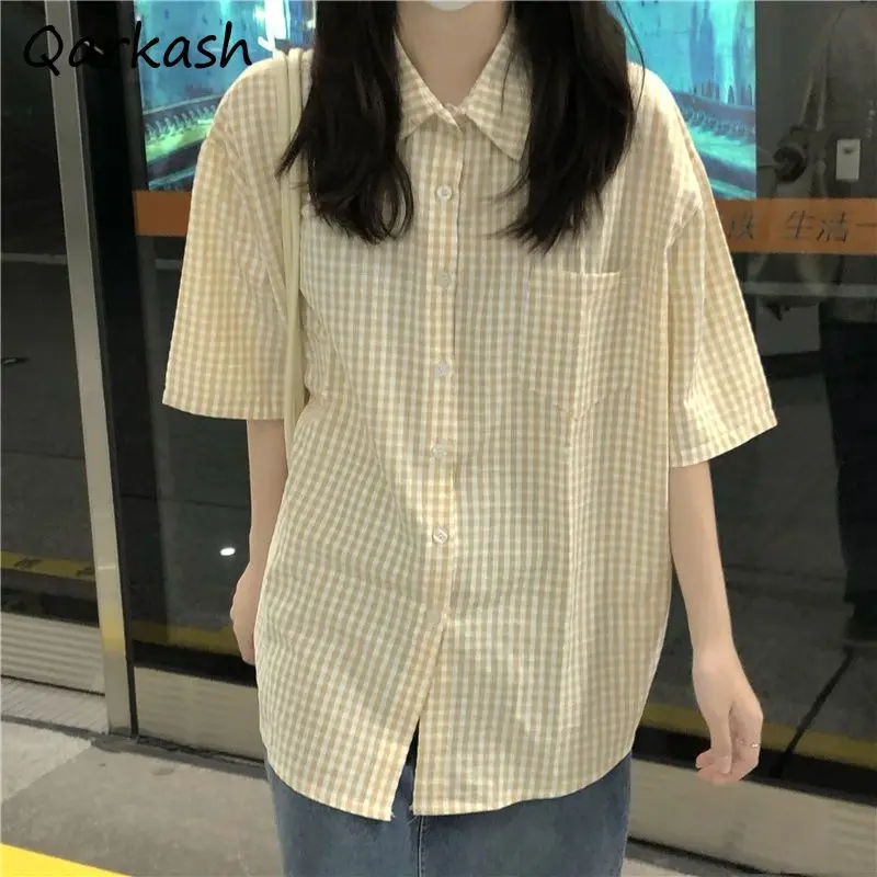 여성용 격자 무늬 셔츠, 청춘 통근, 신선한 포켓, 반팔, 부드러운 힙스터, 빈티지 미국 스타일, 올 매치, 여름