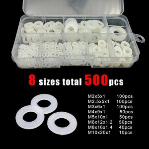 500pc 박스형 플라스틱 나일론 플랫 와셔 일반 스페이서 절연 가스켓 링 모음 키트 세트 M2 M2.5 M3 M4 M5 M6 M8 M10