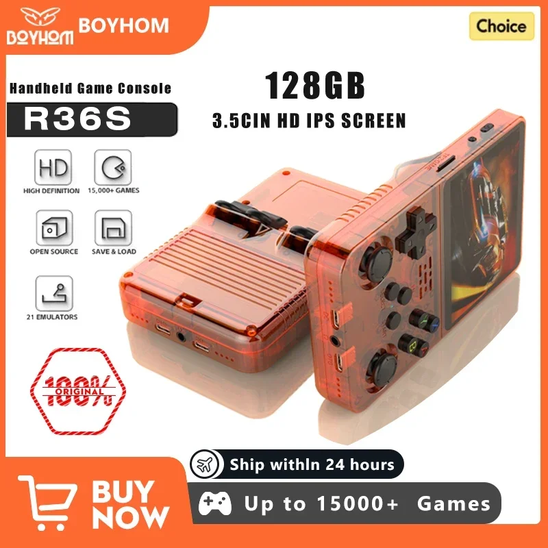 128GB 오픈 소스 R36S 비디오 게임 콘솔 Linux 시스템 3.5 인치 IPS 스크린 오렌지 휴대용 포켓 비디오 플레이어 64GB 최고의 게임