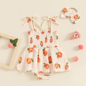 Lioraitiin 여아 여름 롬퍼 원피스 민소매 복숭아 프린트 캐미 플레이수트, 머리띠 포함, 2024-05-07
