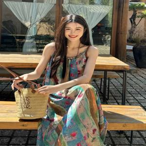여름 휴가 꽃 넥타이 염색 홀터 드레스 여성 플러스 사이즈 레트로 운남 여행 롱 스커트 a 라인 가운 민소매 U 넥 드레스
