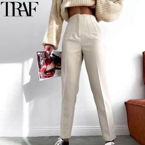 TRAF Office Wear 여성용 정장 바지 여성용 Pleated 하이 웨스트 바지 캐주얼 화이트 크로프트 바지 Blackpink Woman Pants