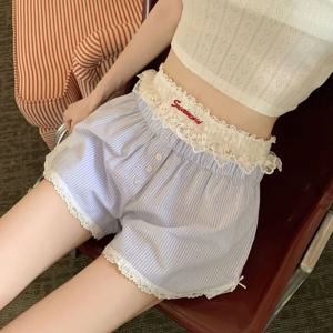 귀여운 여름 스트라이프 반바지, 단추 블루 핑크 자수 레이스 반바지, 로리타 레이스 레깅스