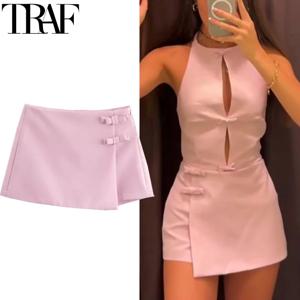 TRAF 보우 핑크 Skort 여성용 하이 웨스트 미니 화이트 스커트 바지 패션 여름 여성 Skort streetwear 비대칭 퀼로트