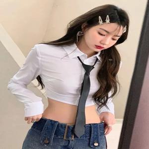 Zoki 슬림 여성 JK 타이 셔츠, 한국 패션, 섹시 크롭 긴팔 블라우스, 프레피 스타일, 캐주얼 가을 여성 디자인, 화이트 탑
