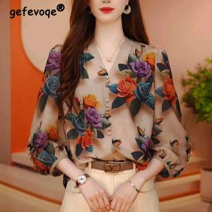 여성 여름 빈티지 꽃 프린트 블라우스 한국 패션 V 넥 3/4 슬리브 우아한 셔츠 여성 캐주얼 프릴 루즈 세련된상의