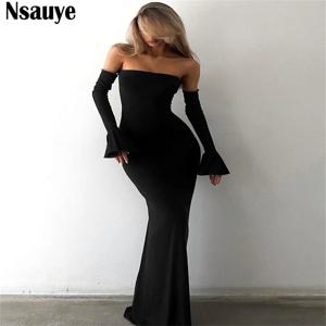 Nsauye 가을 세련된 우아한 여성 섹시한 저녁 생일 파티 나이트 클럽 드레스 오프 어깨 긴 소매 맥시 Bodycon 드레스 2024