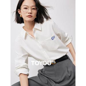 TOYOUTH 여성 블라우스 셔츠 2024 가을 새로운 멀티 컬러 유화 턴 다운 칼라 긴 소매 자수 셔츠 화이트 탑스