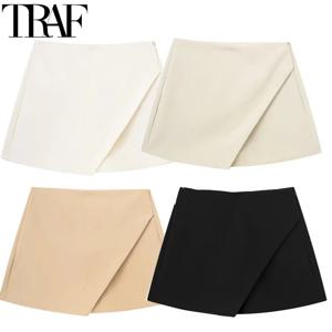 TRAF Skort 여성용 하이 웨스트 화이트 블랙 스커트 바지 여성 여름 2024 비대칭 카키 스커트 반바지 캐주얼 여성 Skort