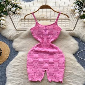 Foamlina 유럽 미국의 뜨거운 섹시한 서스펜더 니트 점프 슈트 탑 여성의 탄성 꽉 맞는 Bodycon 기본 짧은 바지 Playsuit